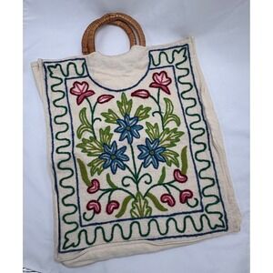 Vintage Boho Embroidered Floral Artisan Tote Bag Round Woven Handle Canvas Purse
